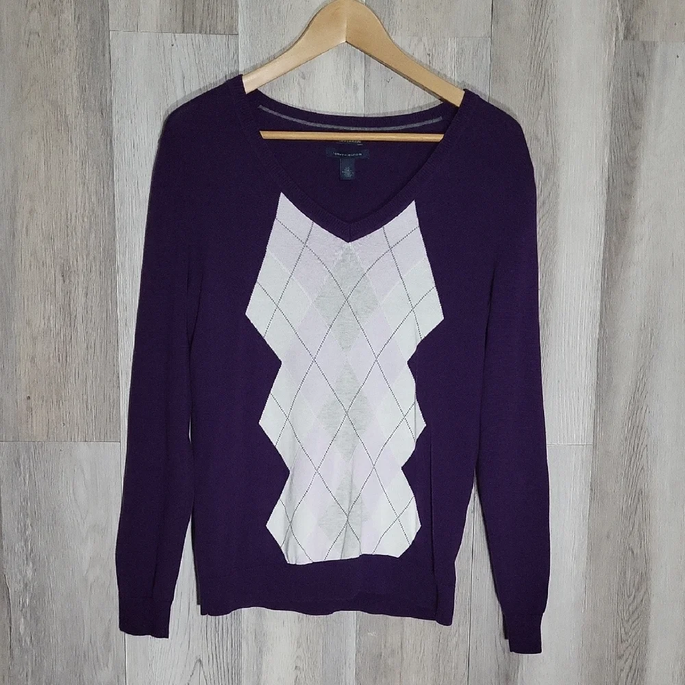 Tommy Hilfiger Womens Large Purple Argyle Sweater Pima Cotton Preppy Designer‎